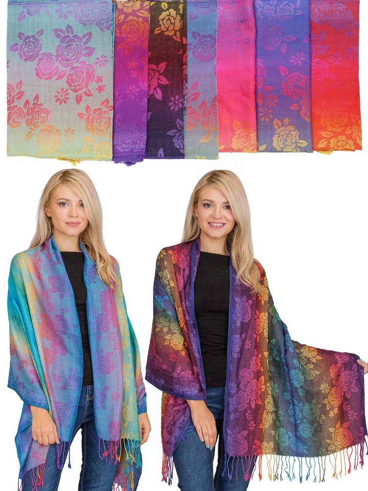 Rainbow Ombre Rose Vineyard Pashmina Shawl for wholesale by Cap Zone
