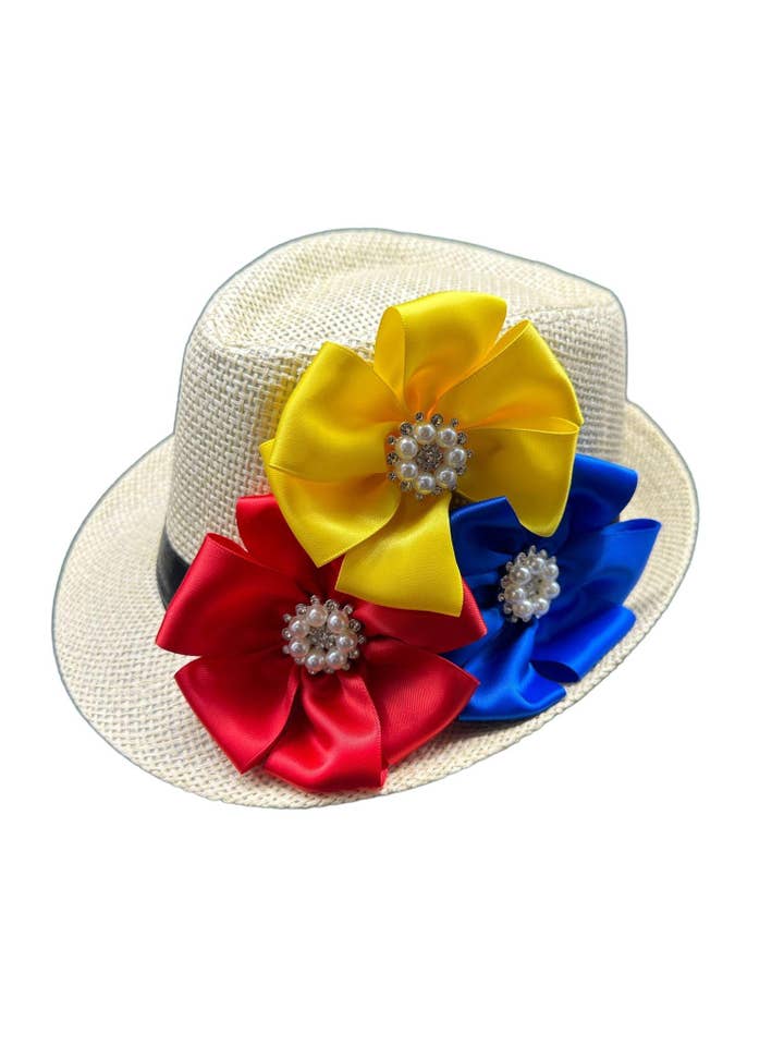 Colombian, Venezuelan, Ecuadorian Flag Colors: Yellow, Blue and Red Flower Fedora Hat for Carnaval for wholesale by vivianfongdesigns llc