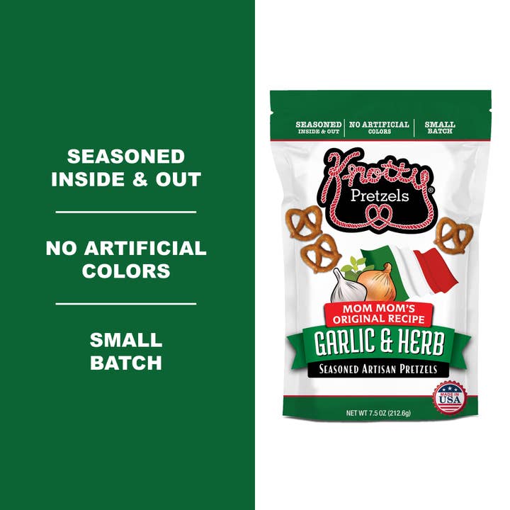 Garlic & Herb Mini Twist Pretzels 7.5oz for wholesale by Knotty Snacks LLC