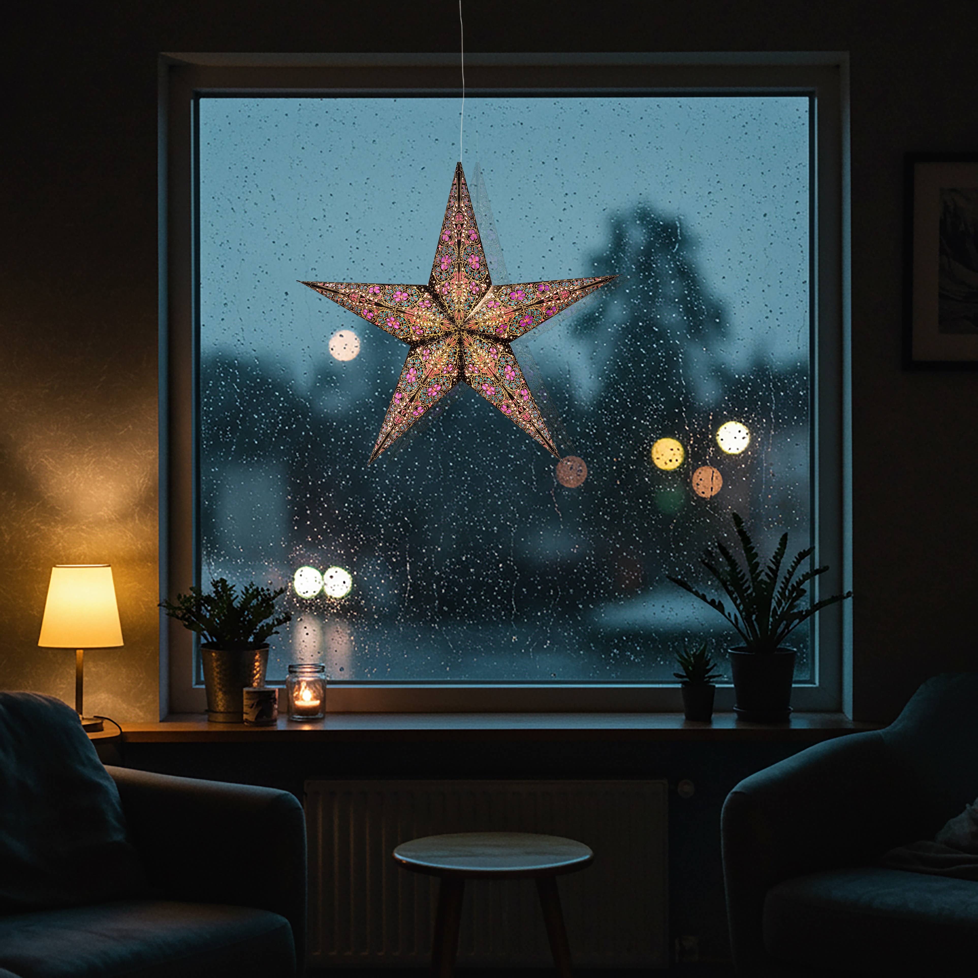 Artschatz LLC – wholesale Paper lantern/lamp – Cathedral 5 Point 24" turquoise/violet Paper Star Lantern1