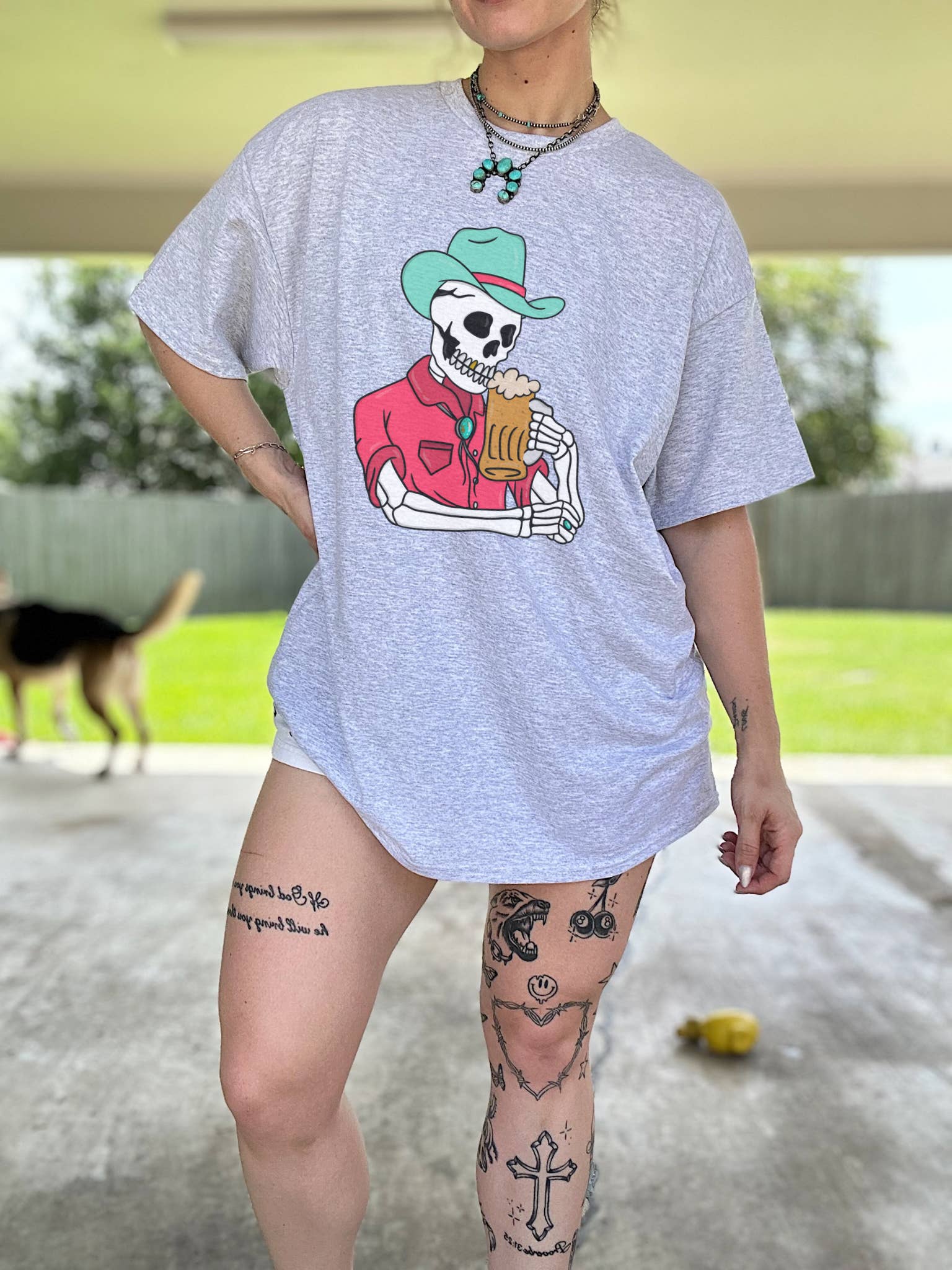 Gunpowder and Glam Boutique - Wholesale Screen Printed T-Shirt - Women's - Dive Bar Skelly Tee or Crewneck