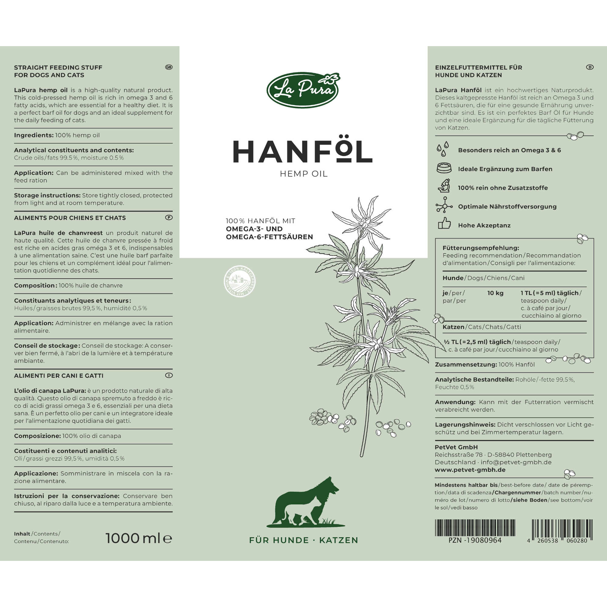 Kauartikel.com GmbH - Vente Compléments alimentaires – chat et chien - Huile de chanvre LaPura 1000 ml5