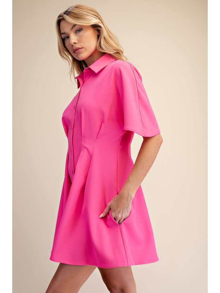 Glam - Wholesale Dress - Women's - Short-Sleeve Pleated Shirt Mini Dress3