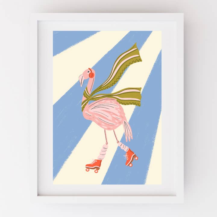 Roller skating Flamingo art print for wholesale by Amanda Clarke Illustration