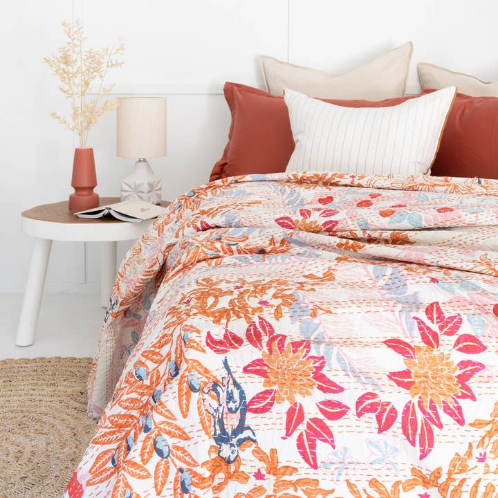 Colcha colcha india con estampado de bloques Kantha Quilt para venta al por mayor de Linen Connections