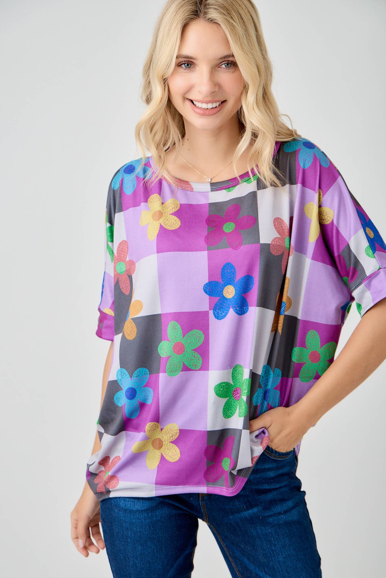 Celeste Clothing - Wholesale Tunic - Women's - WOMEN'S PLUS SIZE CHECKERED FLORAL TOP WITH HIGH-LOW HEM  
1