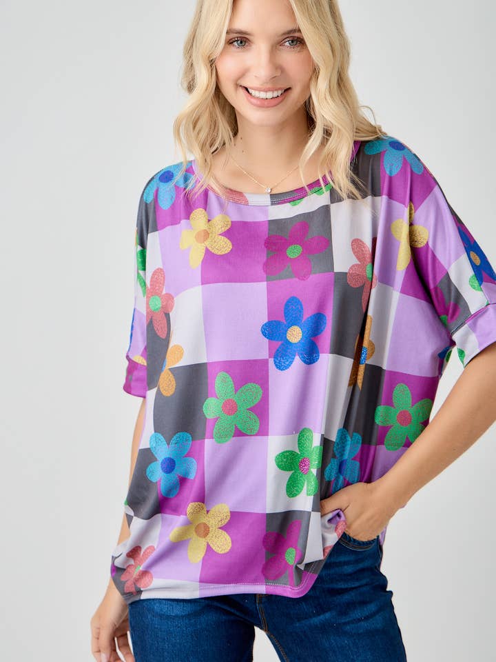 Celeste Clothing - Wholesale Tunic - Women's - WOMEN'S PLUS SIZE CHECKERED FLORAL TOP WITH HIGH-LOW HEM
1