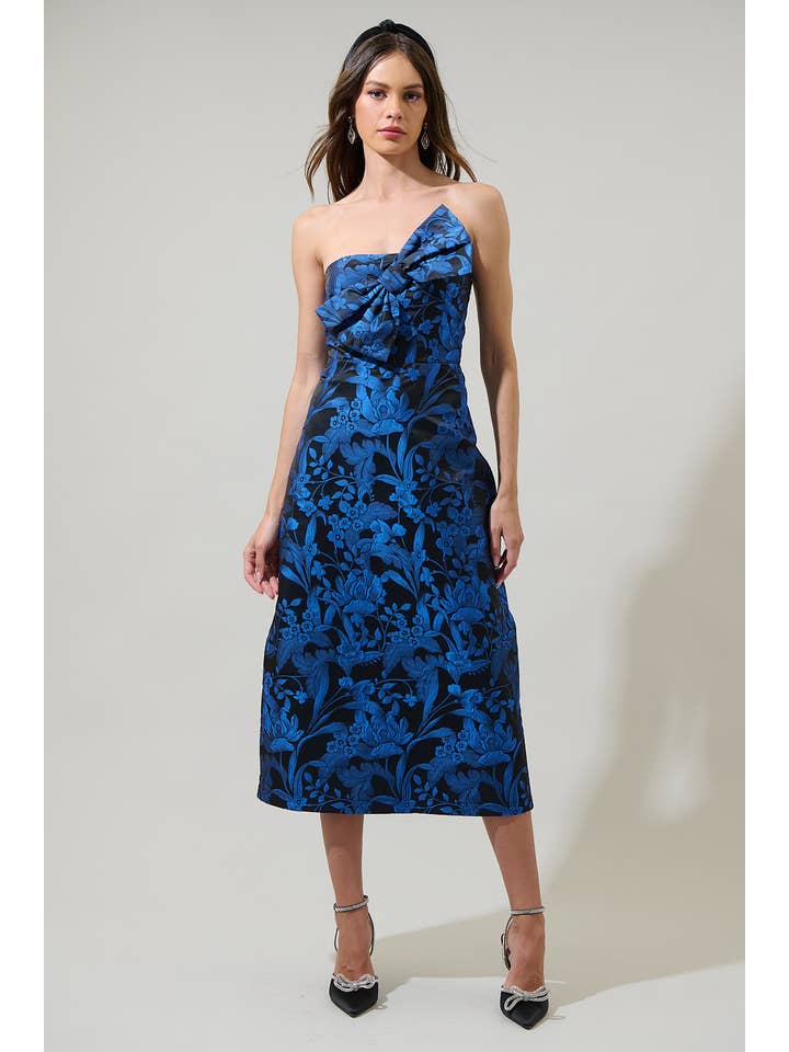 Noir cobalt Robe midi sans bretelles à nœud Lola en jacquard fleuri Vernonia en vente sur Faire