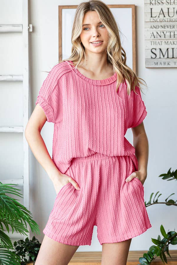 7th Ray - Wholesale Loungeset - Dames - Effen Getextureerde Korte Mouw Top en Korte Lounge Set TP54990