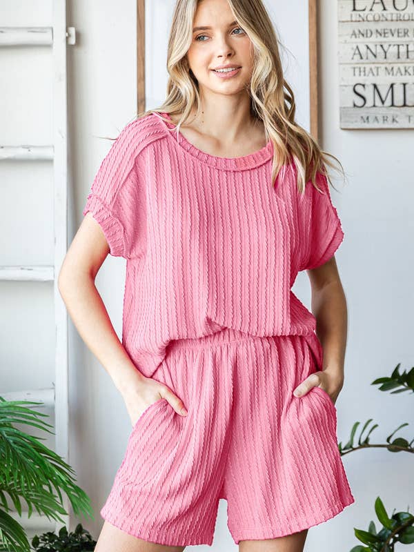 7th Ray - Wholesale Loungeset - Dames - Effen Getextureerde Korte Mouw Top en Korte Lounge Set TP54990