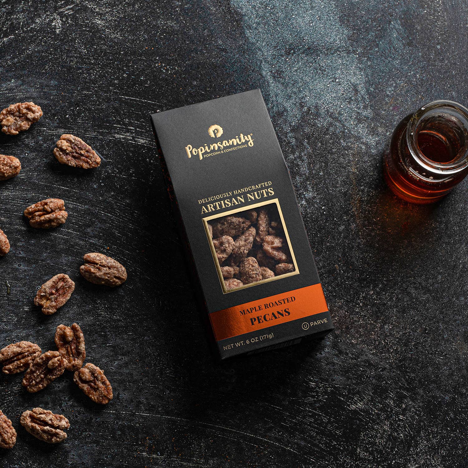 Popinsanity Popcorn & Confections - Vendita all'ingrosso Frutta secca - Pecan tostate all'acero | Regalo gourmet con noci candite | Scatola da 6 once1