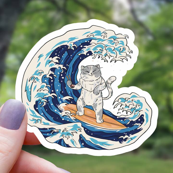 Cat Surfer Riding Japanese Wave Sticker - 3" for wholesale by Mimic Gaming Co