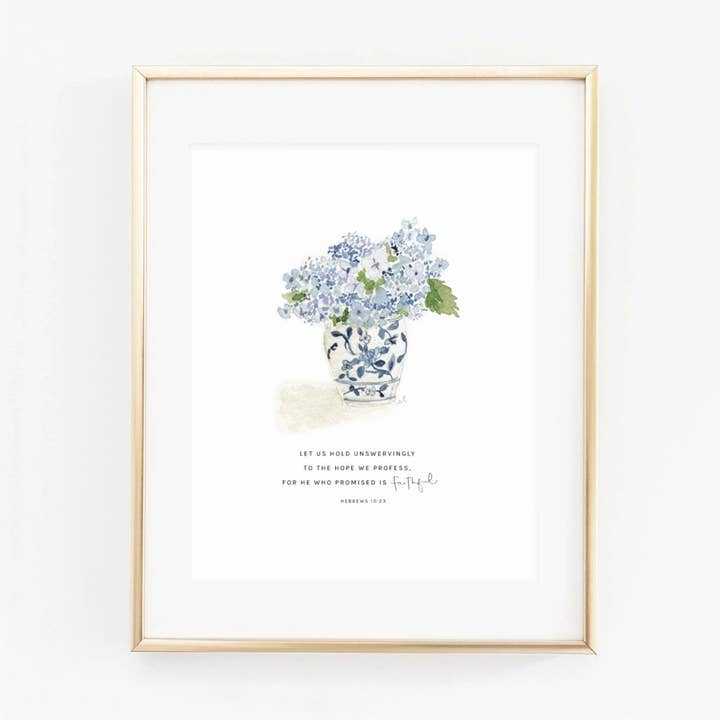 hebrews 10:23 hydrangea bouquet scripture print for wholesale by emily lex studio