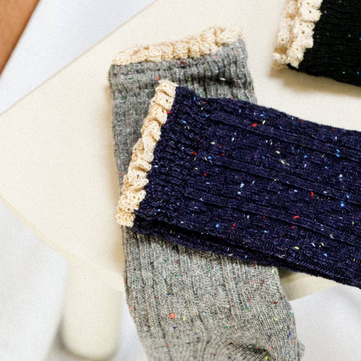 Mottled gold macrame socks for wholesale by Gentil Coquelicot Paris