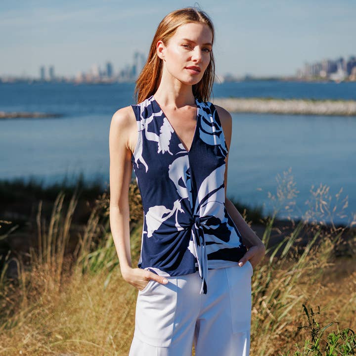 Navy White T49P29 - Sleeveless V-Neck Center Front Tie Top for wholesale on Faire