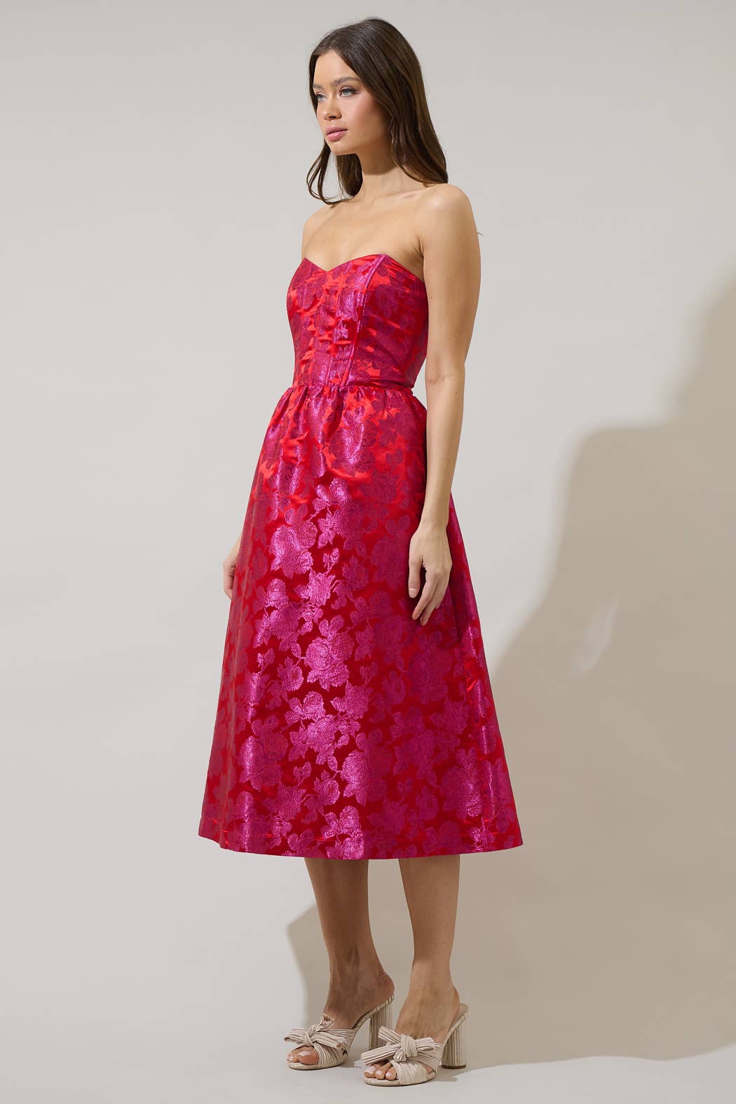 Pink Red Duson Floral Bellar Strapless Midi Dress for wholesale on Faire2