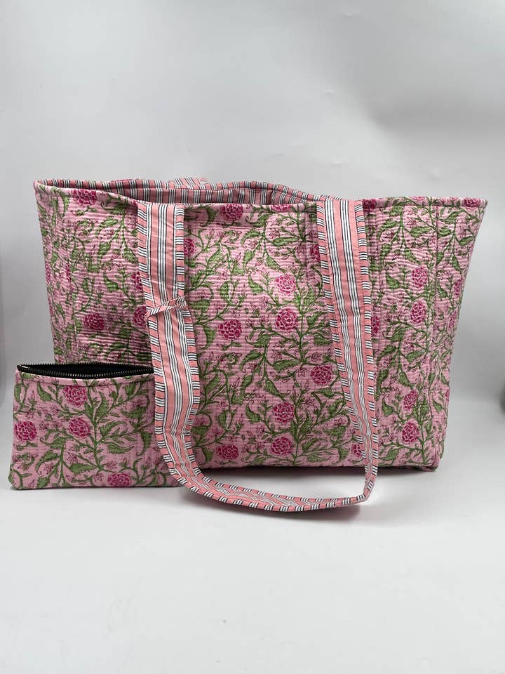 100% Cotton Kantha Quilted Boho Duffle Tote Bag with Purse for wholesale by Funky Yak Ltd