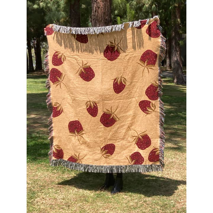 Cailee Corbett - Wholesale Throw Blanket - Yellow Strawberry Woven Throw, Strawberry Picnic Blanket