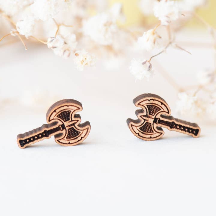 Orecchini a bottone in legno di ciliegio Double War Axe - ET15069 per la vendita all'ingrosso da parte di Robin Valley