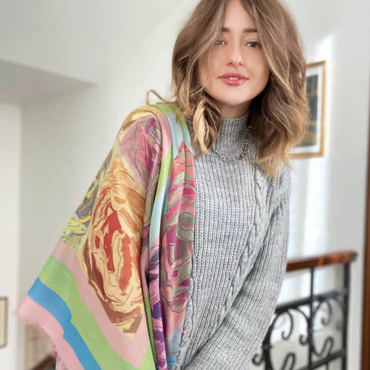 French Roses Silk & Cotton Oversized Square Shawl for wholesale by Louis Jane