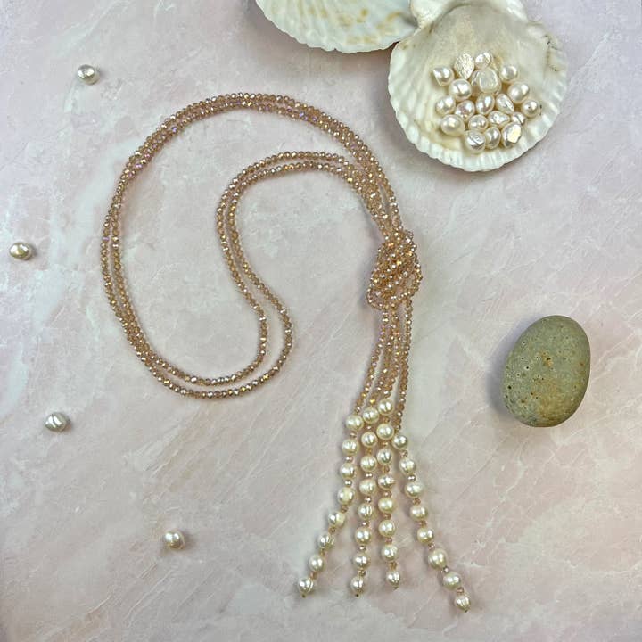 Champagne Crystal & Pearl Lariat Necklace for wholesale by IST Jewelry
