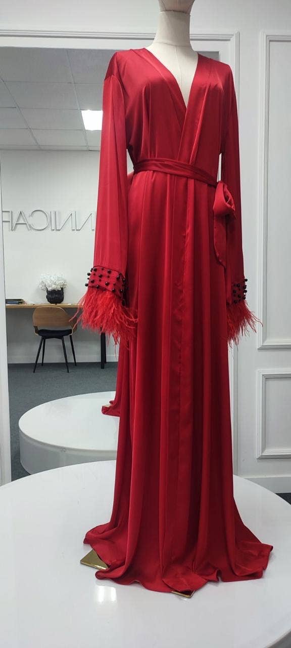inna elsie - Wholesale Robe - Women's - LEONA LONG RED silk robe with feathers0