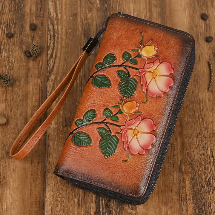 Embossed Floral Leather Zip Wallet Wristlet with Wrist Strap for wholesale by Modenaire