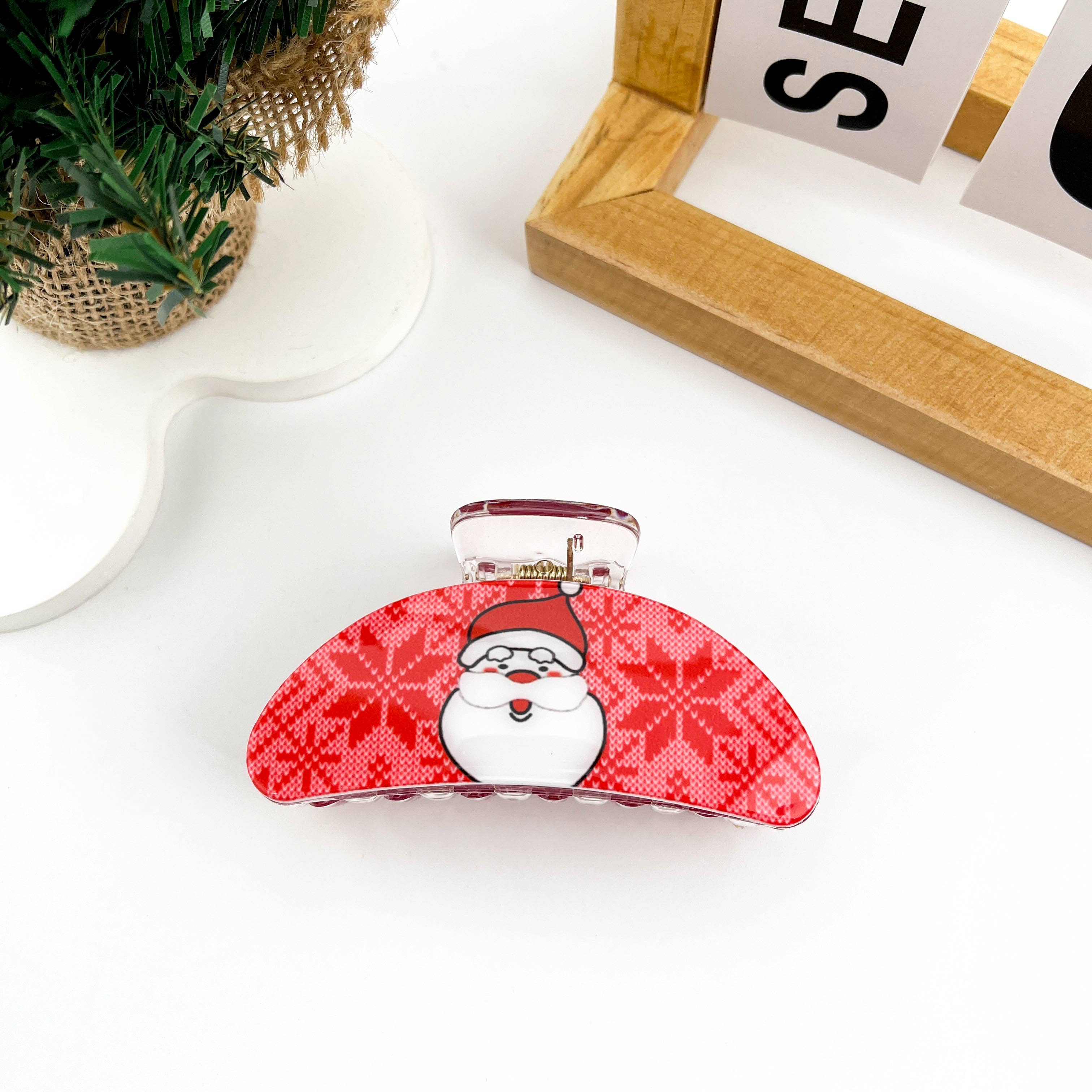 mildstyles - Wholesale Hair Clip - Women's - Christmas Red PU Santa Claus Printed Crescent Hair Claw Clip7