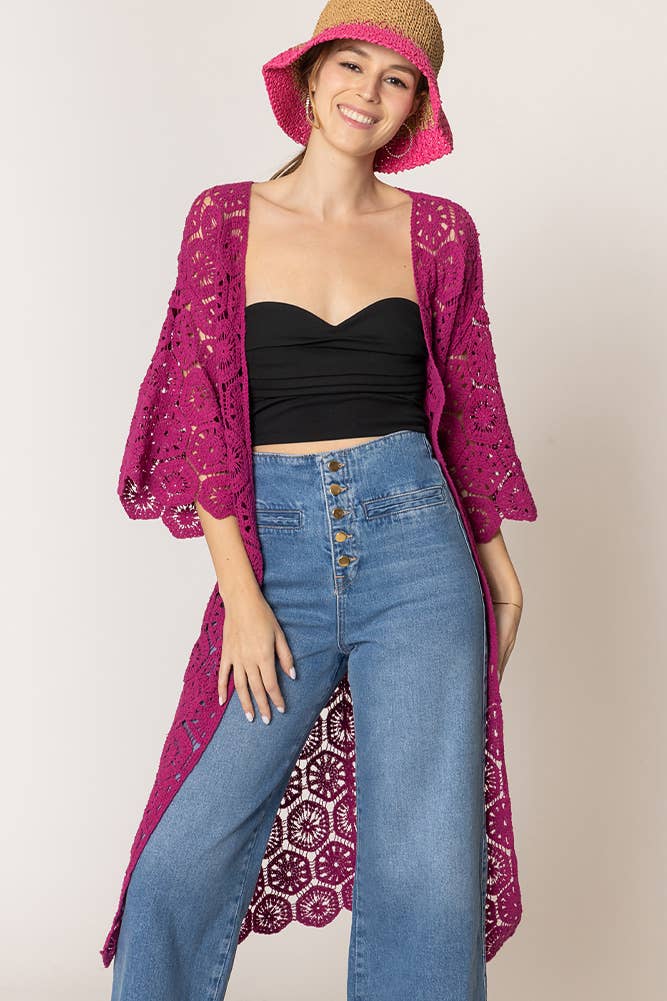 Hana - Wholesale Cardigan - Women's - Geometric Pattern Crochet Long Solid Cardigan16