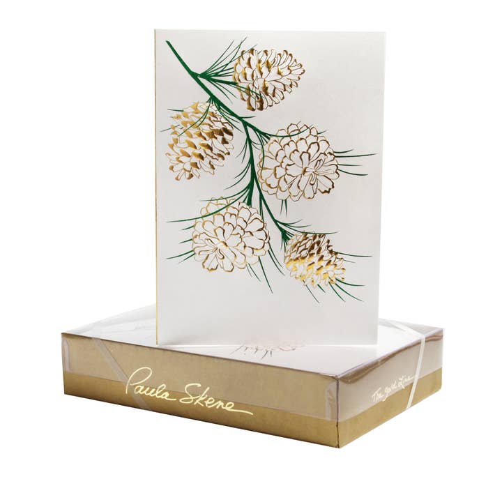 Pine Cone Branch on Silver Satin Christmas Card for wholesale by PAULA SKENE DESIGNS