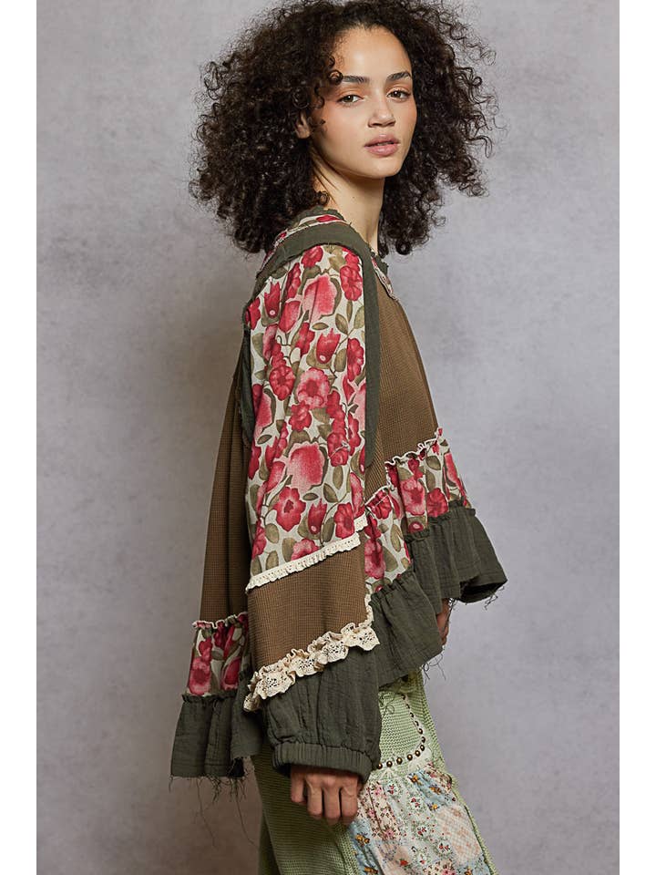 Pol Clothing - Wholesale Blouse - Women's - Round Neck Lace Trim Ruffle Hem Thermal Top2