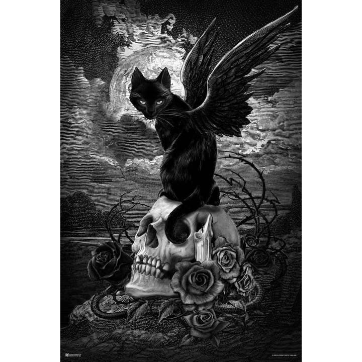 Alchemy Nine Lives Edgar Allen Poe Black Cat Skull Art Print Poster for wholesale by Gotham Gifts