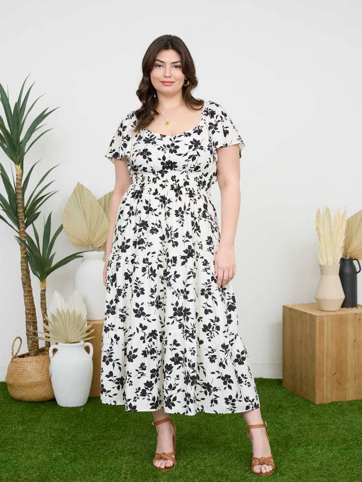 Blu Pepper - Wholesale Dress - Women's - PLUS FLORAL SCOOP NECK FLOUNCE SLEEVE MIDI DRESS
