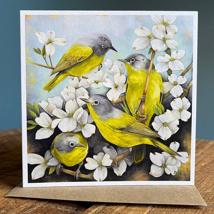 Nashville Warblers & White Dogwood - Blank Note Card for wholesale by Amy Shawley Paquette