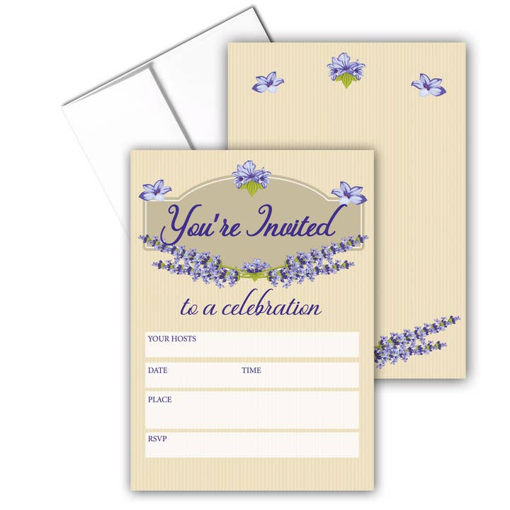 Bluebell Floral Fill-in Party Invitations with Envelopes for wholesale by Stonehouse Collection