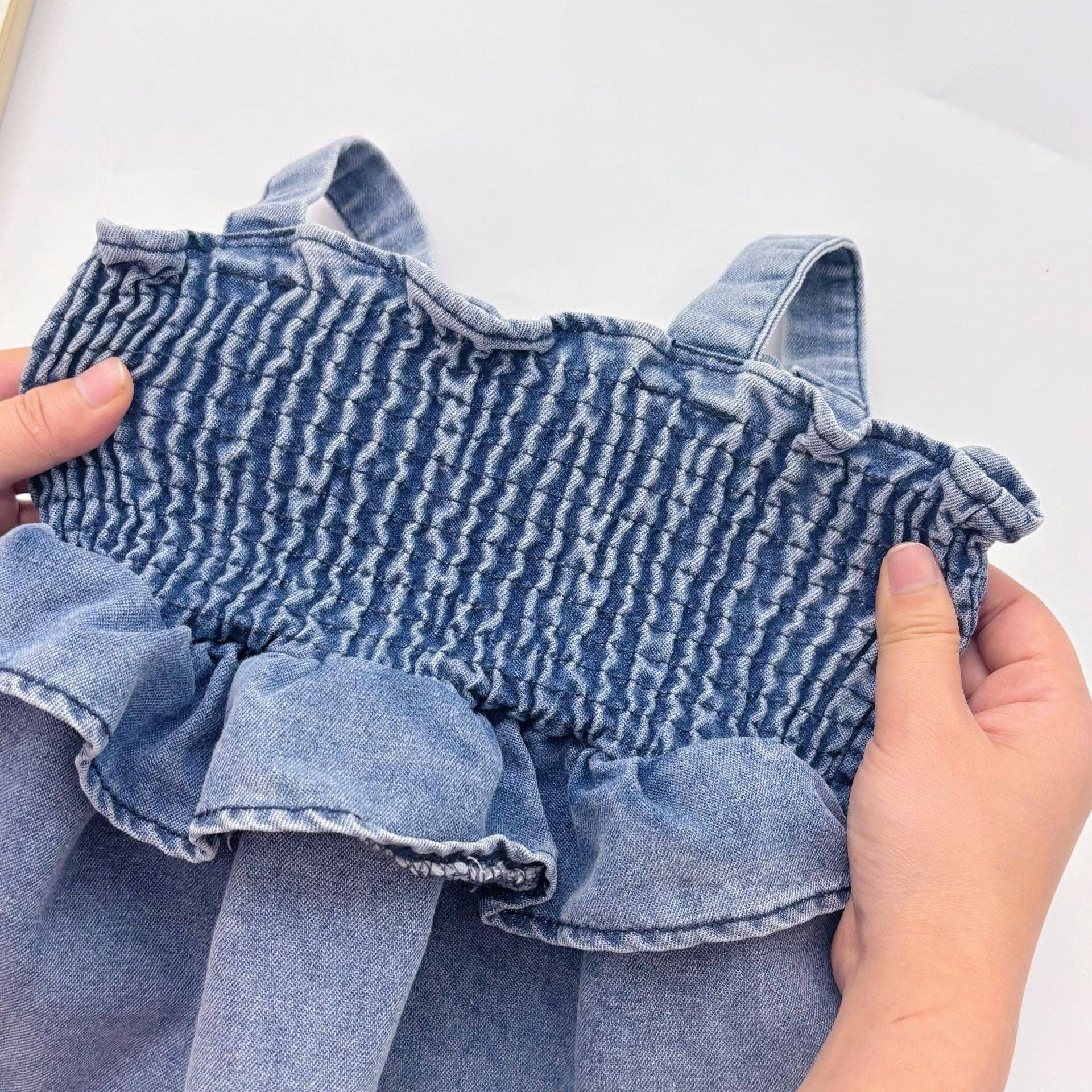 Blue Summer Arrival Baby Girls Cute Sleeveless Denim Pleated Dress Design Strap bodysuit for wholesale on Faire4