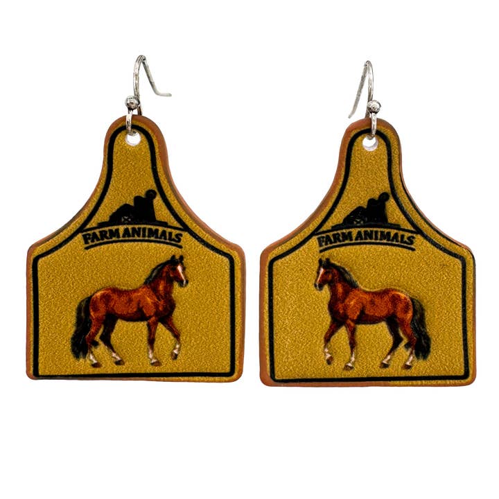 Boucles d'oreilles en cuir de cheval avec étiquette de vache et animal de ferme pour la vente par Lunar Deer