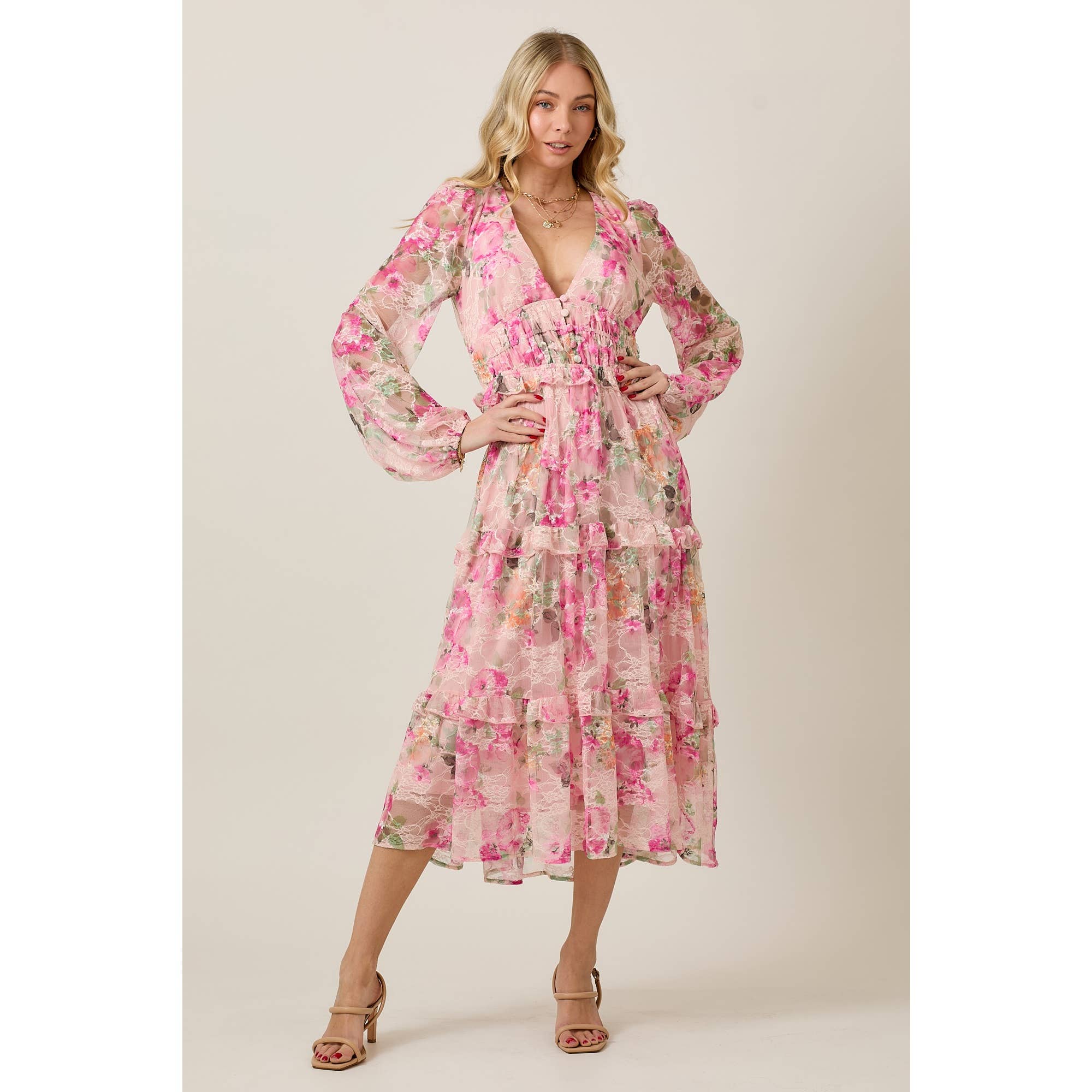 SKYLAR ROSE – wholesale Dress – Women's – FLORAL LACE LONG SLEEVE TIERED MIDI DRESS1