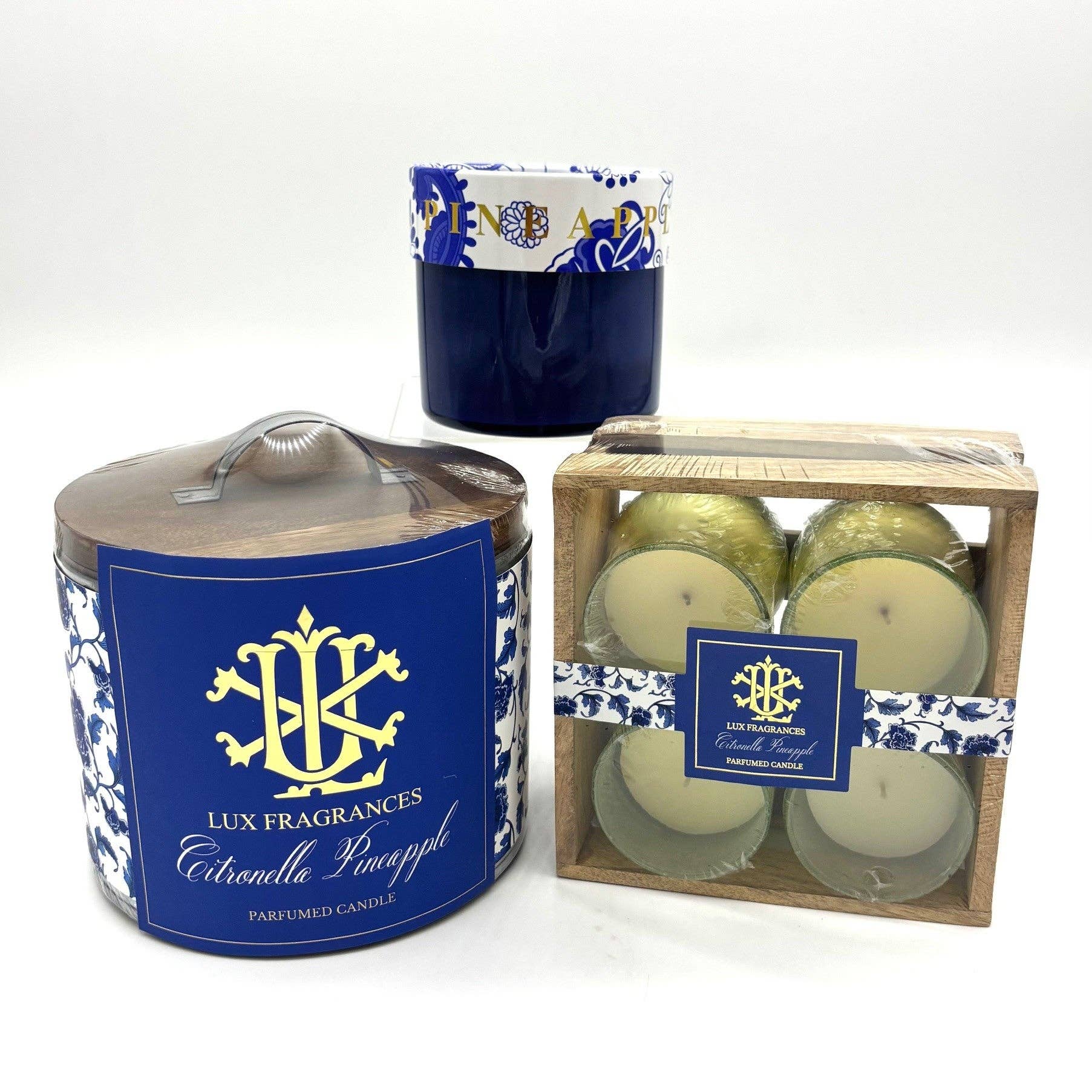 LUX FRAGRANCES - Wholesale Jar/Filled Candle - Citronella Pineapple 2 Wick Candle in Blue Glass with Decorative Lid $15.00 Min 31