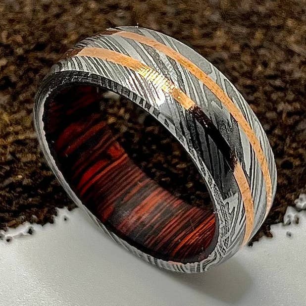 Damascus Steel Ring Lined with Two Wood Sleeve for wholesale by RustyStudioUSA