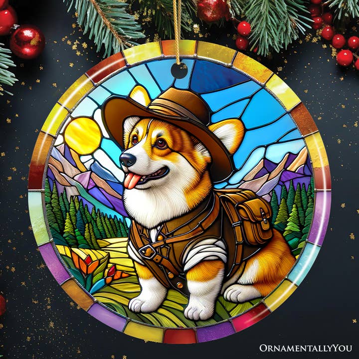 Corgi Adventurer Stained Glass Style Ceramic Ornament for wholesale by OrnamentallyYou