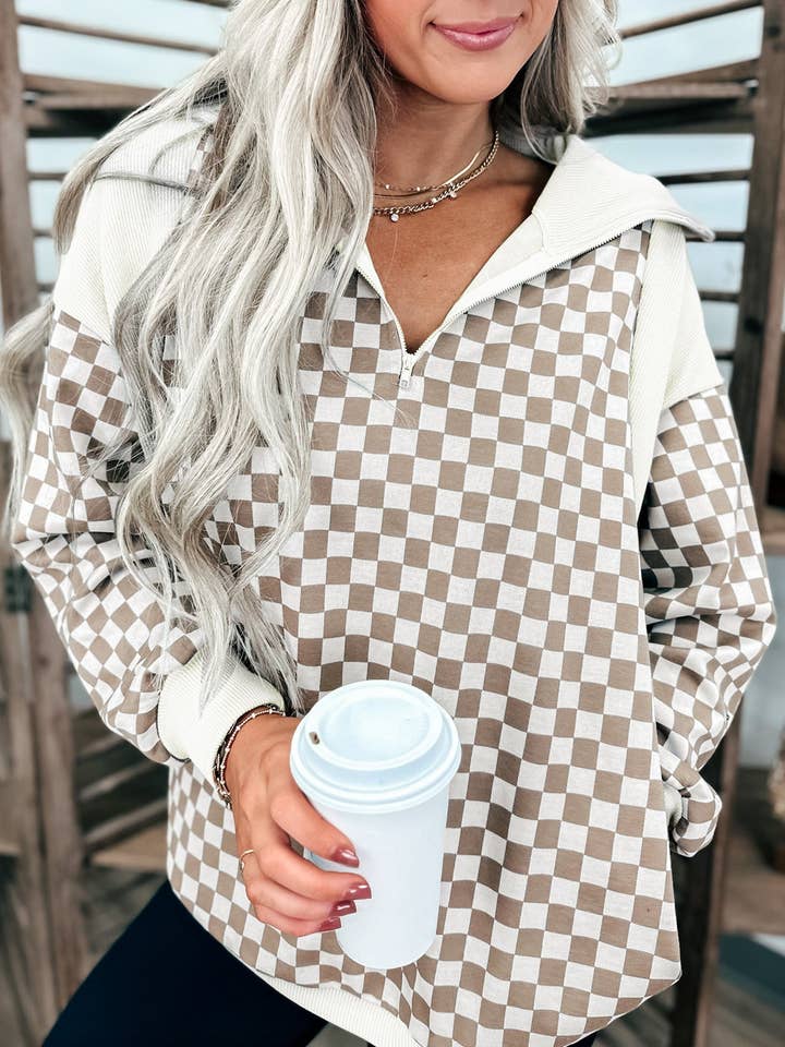 Khaki Checkered Print Quarter Zip Ribbed Patchwork Loose Sweatshirt for wholesale on Faire0