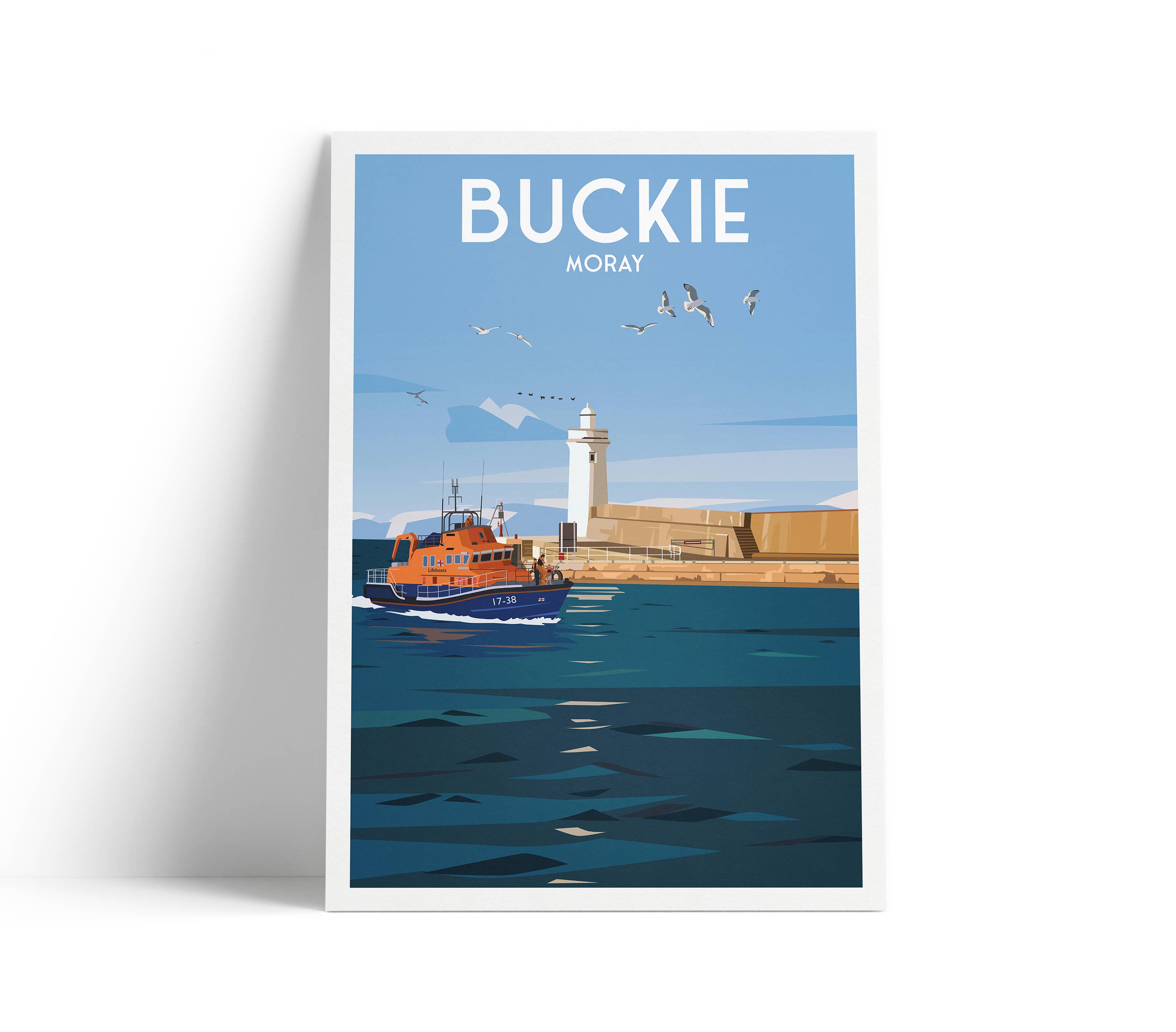 Printagonist – wholesale Art print – Buckie Moray Print - Lighthouse - Pier - Harbour - Lifeboat