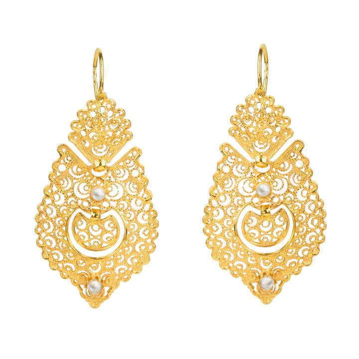 Brincos à Rainha de Filigrana em Prata Dourada com Pérolas por atacado de PORTUGAL JEWELS