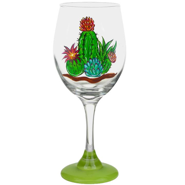 Blooming Cactus Southwest Floral Hand-Painted Glass Stemware for wholesale by Classy Art Designs, LLC