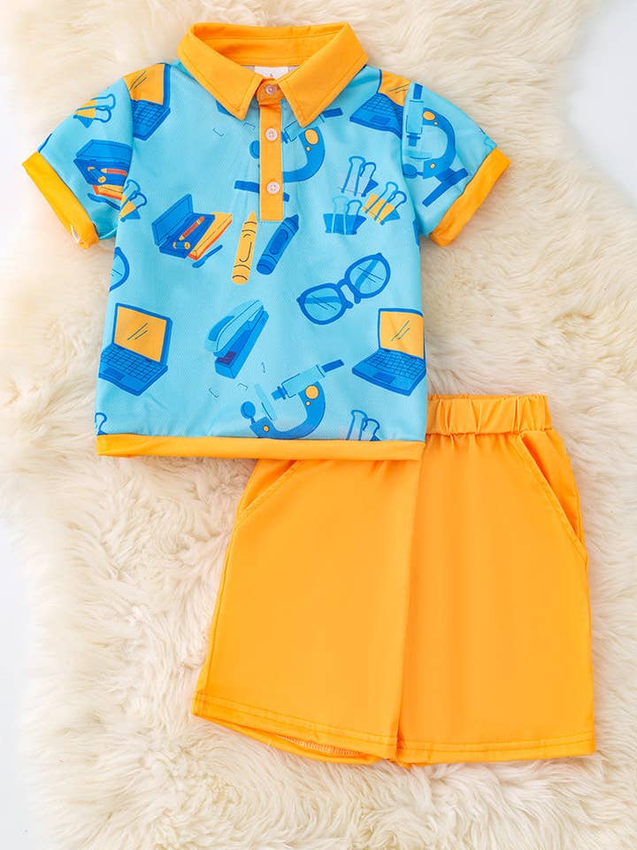 Back to school pullover shirt w/collar and yellow shorts. OFB50081 for wholesale by Kids Charm Online