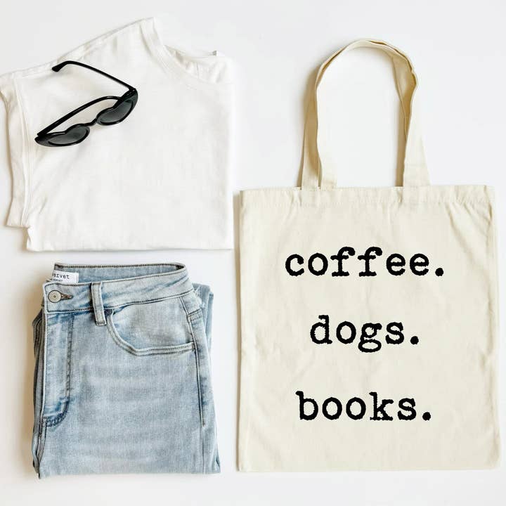 Book Lover Canvas Tote Bag, Coffee Dogs Books Tote for wholesale by Mugsby