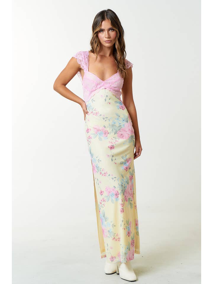 Blue Blush - Wholesale Dress - Women's - IBD30145 MESH FLORAL PRINT LACE DETAIL SIDE SLIT MAXI DRESS