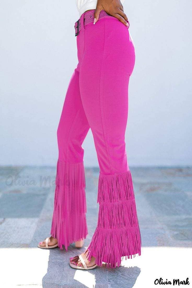 HET ROSA byxor med rosa fransar hög midja utsvängda byxor för wholesale på Faire5