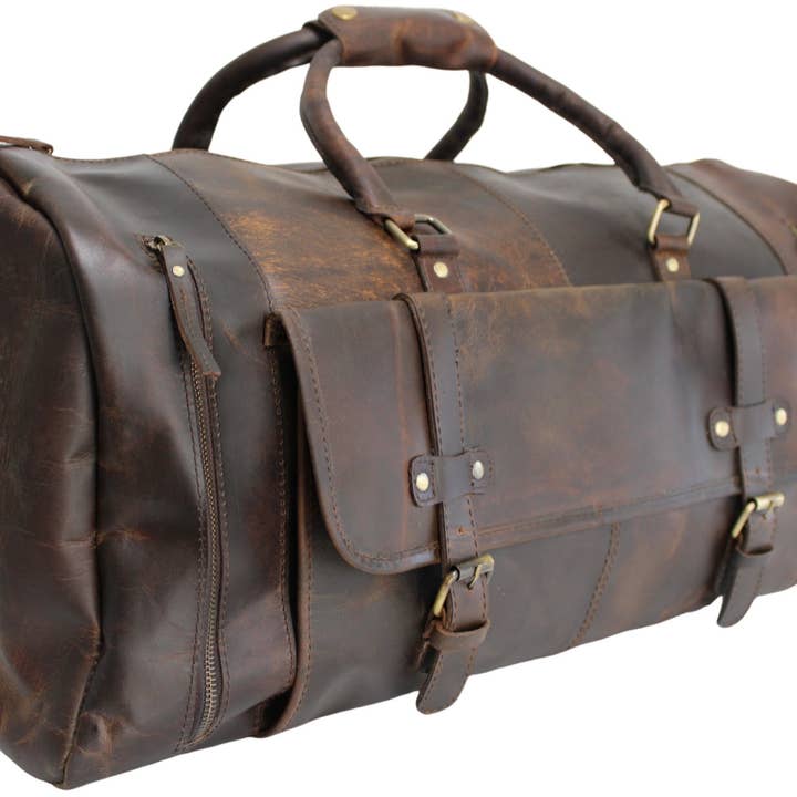 hide & chic - Wholesale Weekender bag – Unisex - Quality Full Grain Genuine Leather Travel Bag with Adjustable Shoulder Strap. FREE Leather Apple Air-tag Holder.11